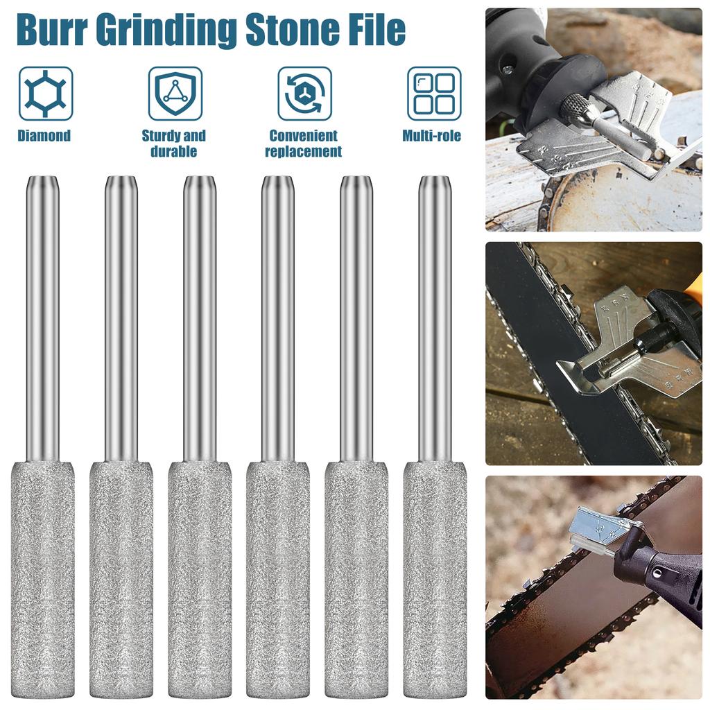 6pcs Diamond Coated Cylindrical Burr 4mm Chainsaw Sharpener Stone File Chain Sharpening Carving Grinding Polishing Tools Kits