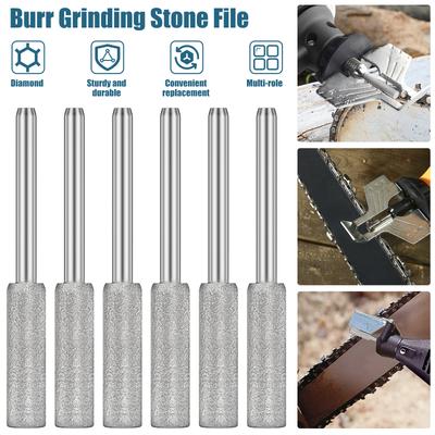 6pcs Diamond Coated Cylindrical Burr 4mm Chainsaw Sharpener Stone File Chain Sharpening Carving Grinding Polishing Tools Kits
