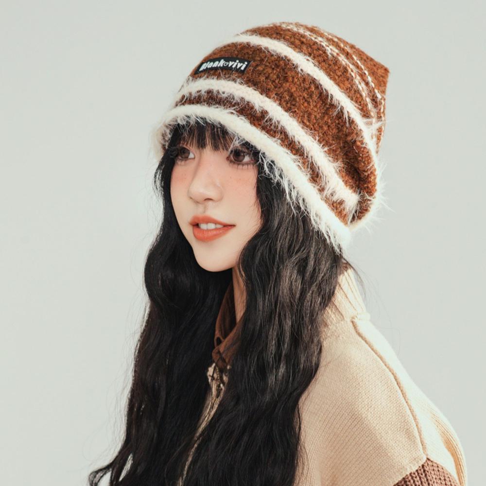 New Style Loose Dandy Hat Lazy Style Fashion Stripes Beanie Hat Sweet Winter Hats For Women Streetwear Knit Hats For Girl