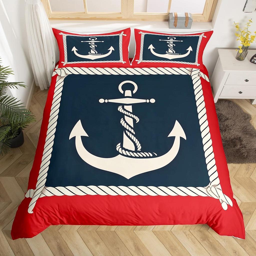 Nautical Anchor Duvet Cover,Geometric Stripes Anchor Bedding Set Twin For Boys Girls Room Decor,Ocean Adventure Comforter Cover