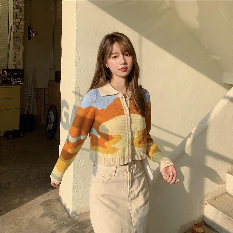 Women's Sweater Spring and Autumn New Polo Collar Short Knitted Cardigan