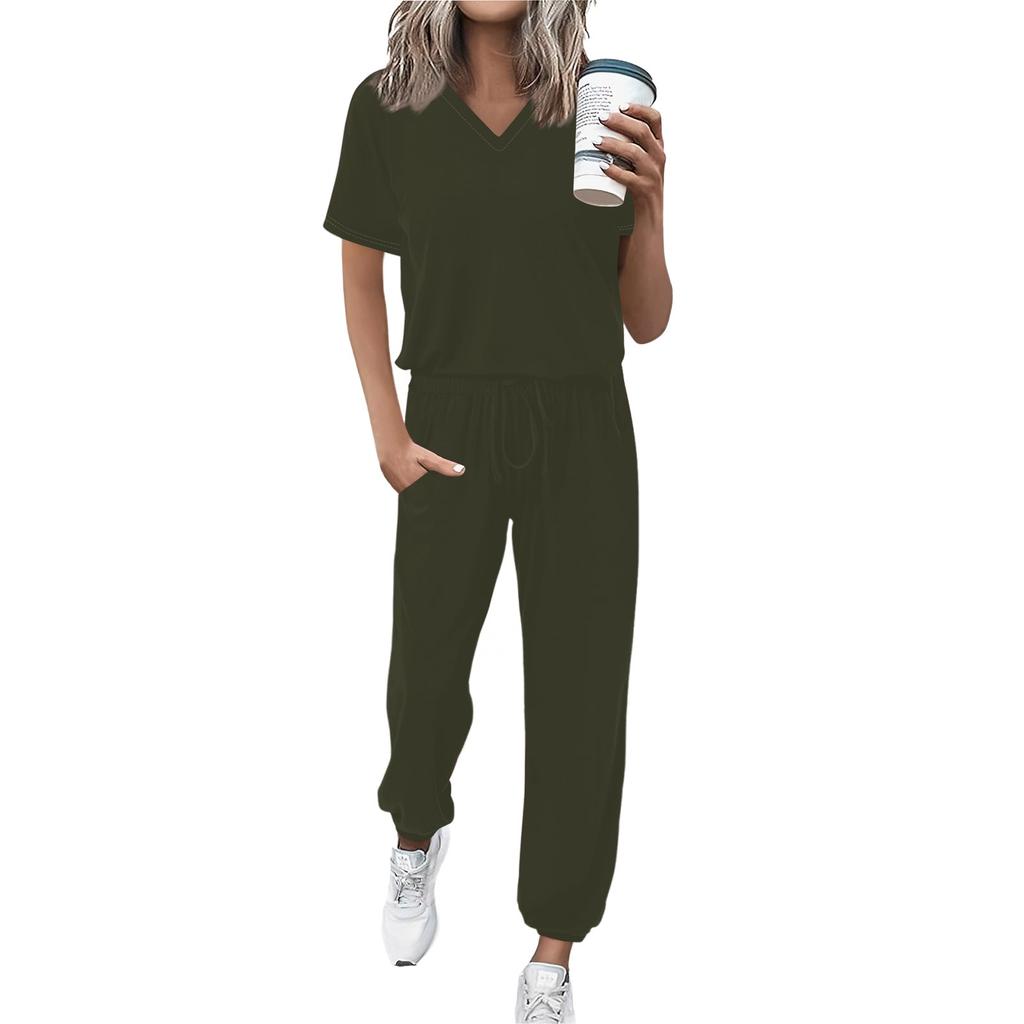 Women's Jogging Fashion V-Neck Color Short Sleeve Belt Loose Pants Tracksuit