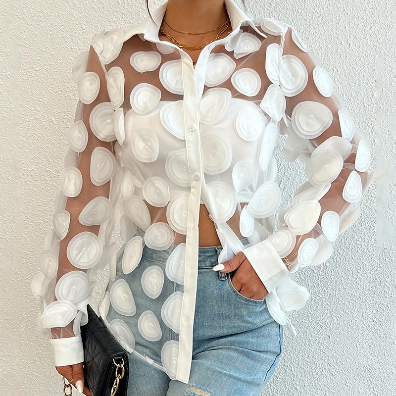 Black See-Through Blouse with 3D Circle Details