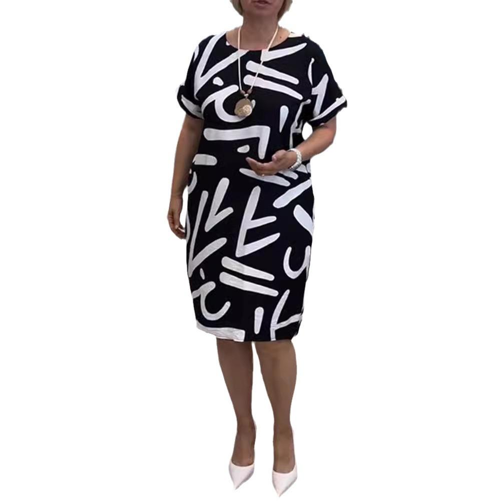 2024 Autumn Women's V-Neck Short-Sleeve Loose Fashion Dress with European and American Prints