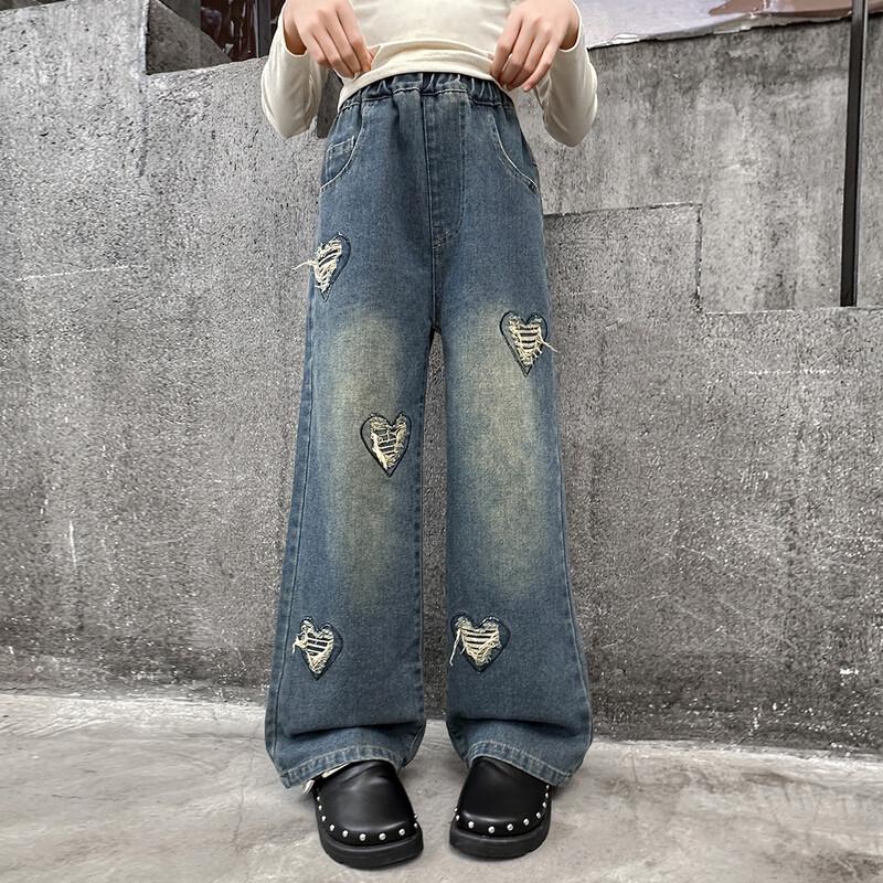 Mumu House Girls  Retro Ripped Wide-Leg Denim Jeans 160