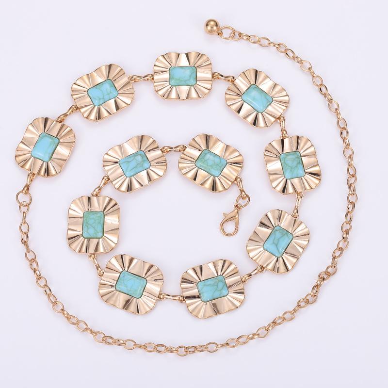 Turquoise inlaid metal vintage hook adjustable waist chain - unique belt золотой