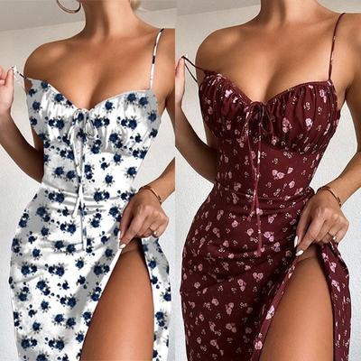 Vestidos de praia com estampa floral suspensórios femininos estilo sexy sem mangas decote em V vestidos elegantes de verão