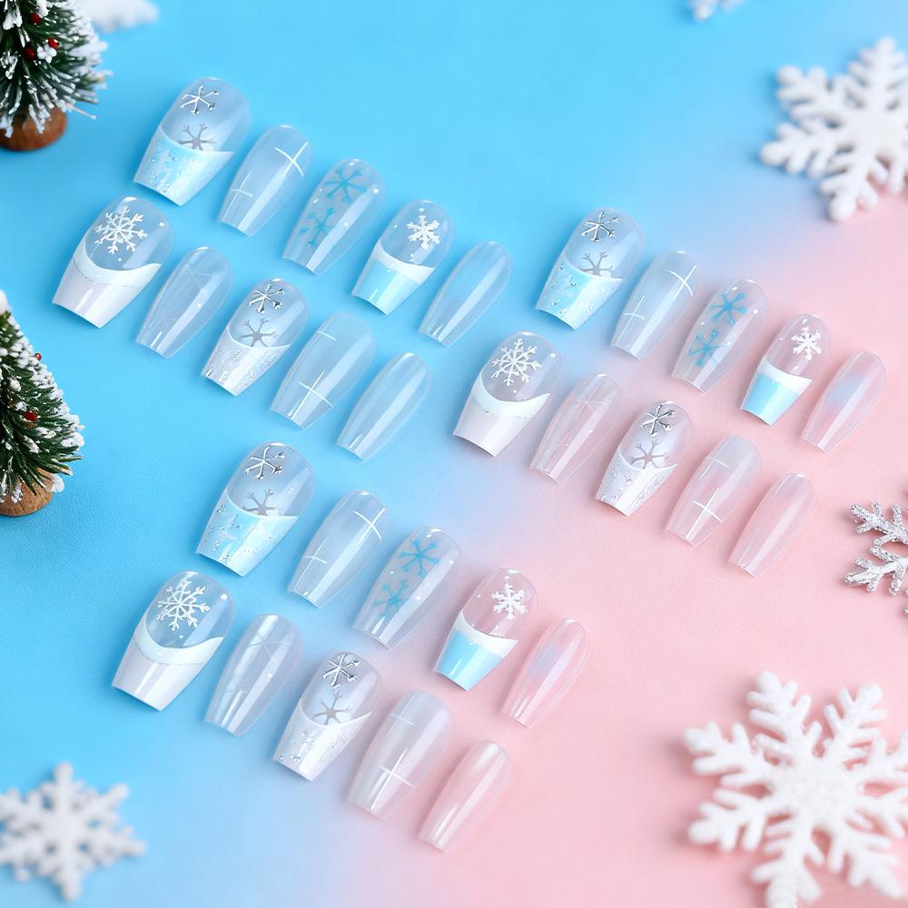 Snowflake Cat Eye Christmas Nails - French Blue & Pink, Detachable Art, 30-Piece High-End Set