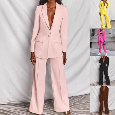 Women's Elegant Monochrome High Waisted Trousers + Long Sleeve Office Jacket  2 Piece Blazers Suit