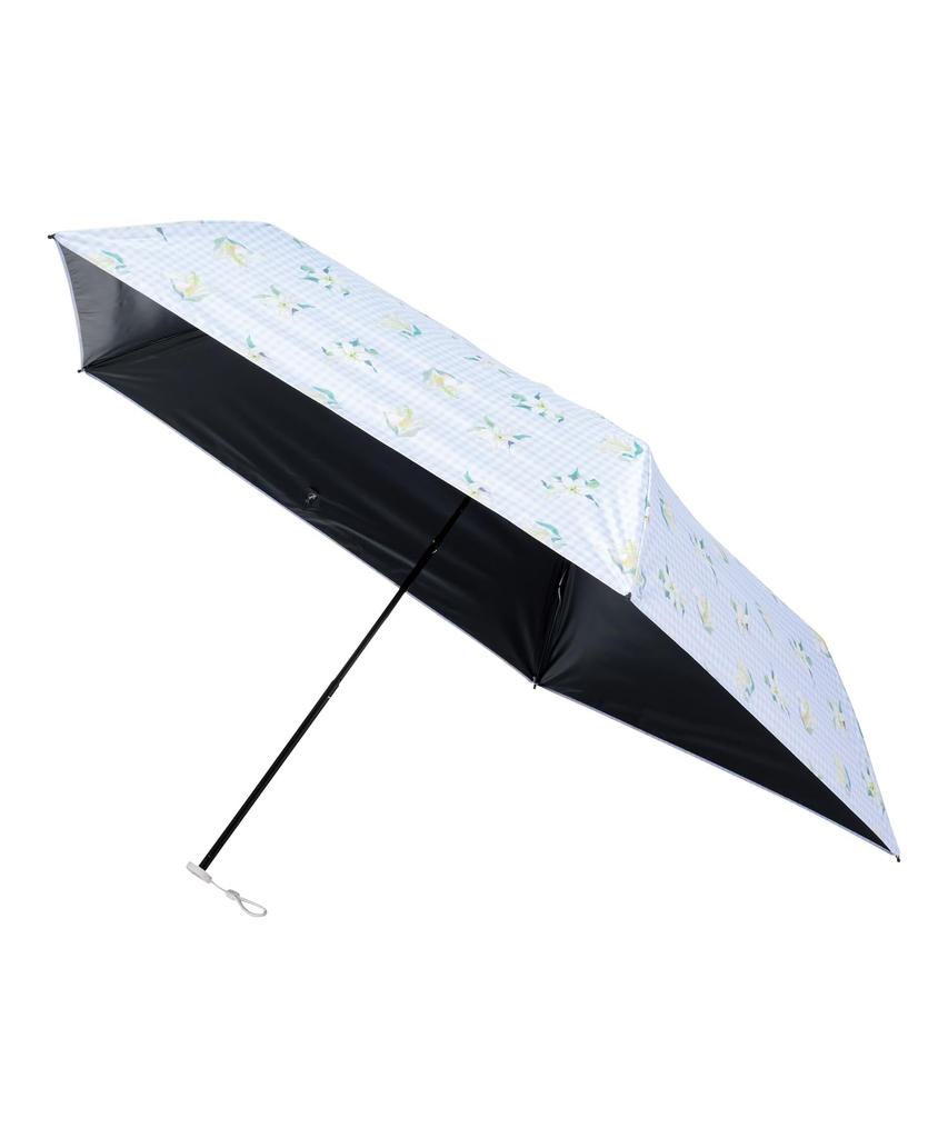 Estaa Sun and Rain Floral Gingham Heat Sun UV Sax Blue (Esta) Women's Parasol, Umbrella, Foldable, Pattern, Shielding, Protection, Cut, 50cm,