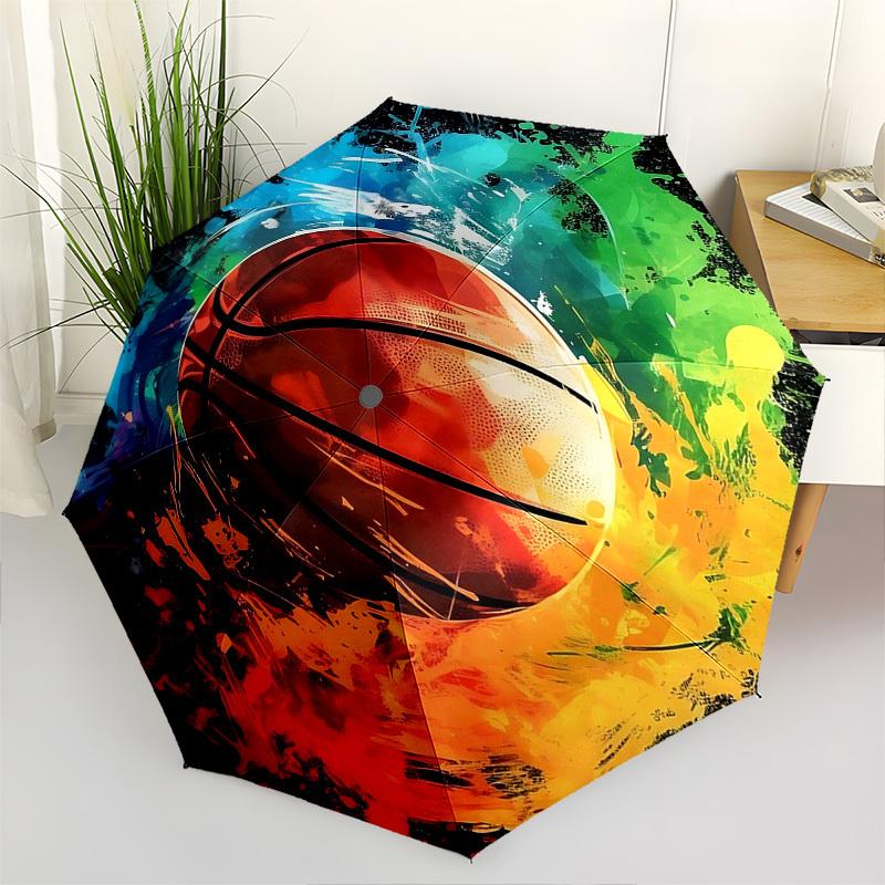1pz Ombrello Colorato Basketball Splash Apertura/Chiusura Automatica, Design Pieghevole Portatile, Telaio in Ferro, Esterno, Regalo per Appassionati e Viaggiatori.X013