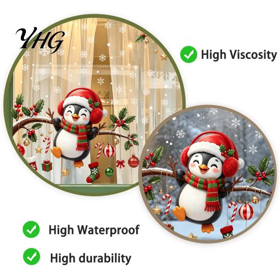 Christmas Atmosphere Decor Static Window Cling, Penguin Decal with Holly Baubles Snowflakes, PVC Sticker Sheets Festive for Home Living Room