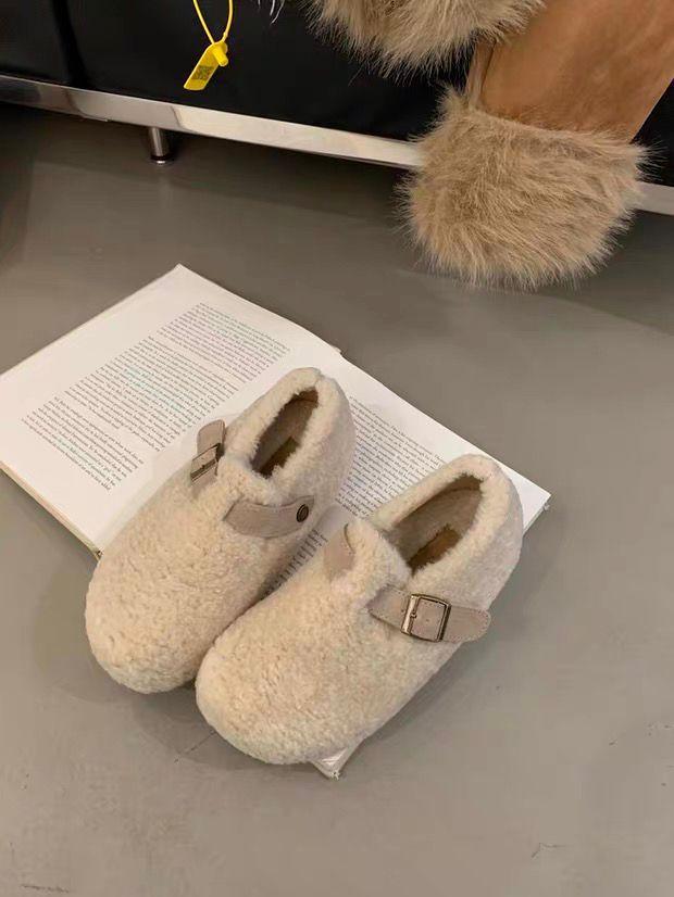 2025 New Retro Belt Buckle Fluffy Shoes for Women, Plush Thermal Cotton Shoes, Platform-soled Casual Woolen Lazy Shoes