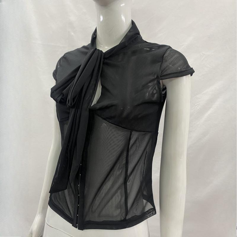 European and American Summer Sexy Women's Round Neck Hollow Mesh Splicing Bow T-shirt