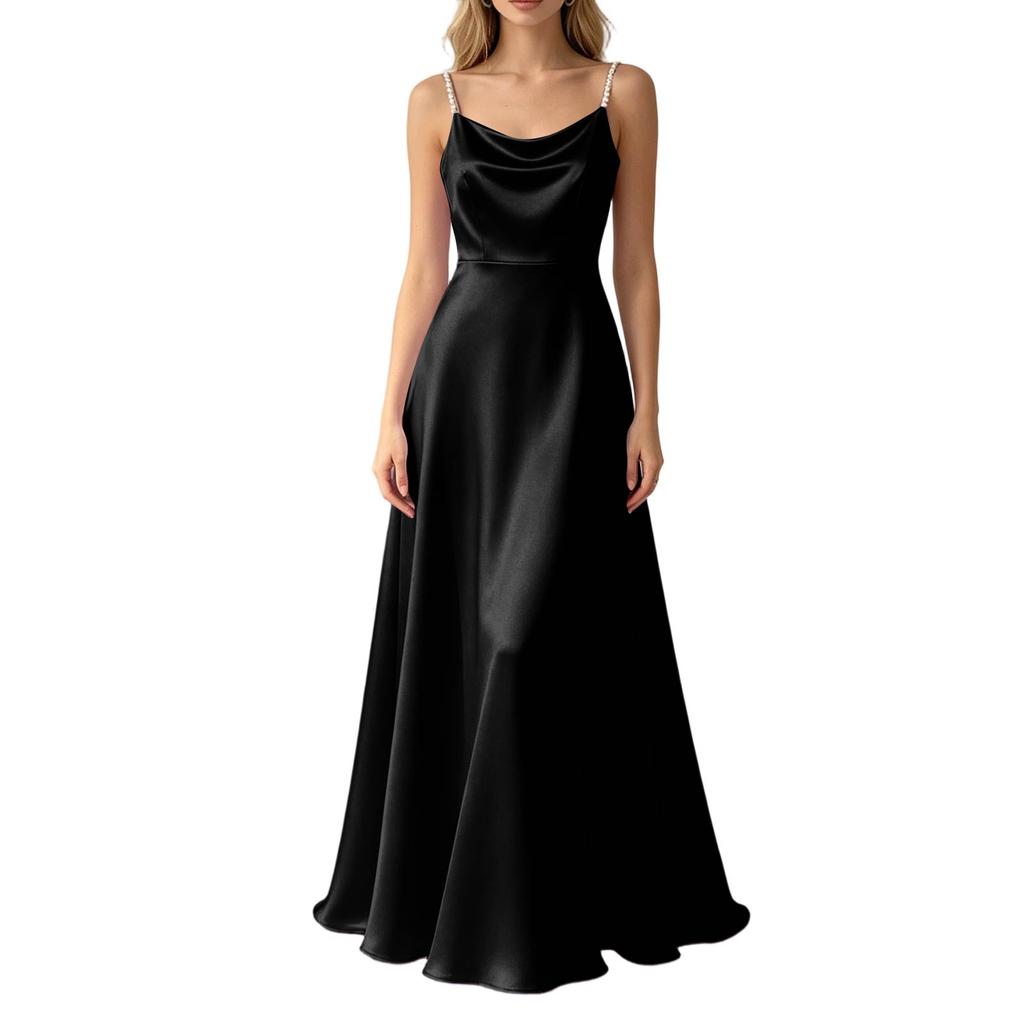 Sleeveless Satin Long Dress with Beaded Spaghetti Straps Floor Length Slim Fit Evening Gown Elegant Formal Occasion Dress