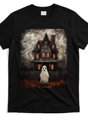 Vintage Haunted House Halloween Spooky Crew Neck T-Shirt for Men - Retro Casual 100% Cotton Soft Com