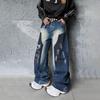 Men's Autumn American High Street Logging Pants Washed Graffiti Jeans Loose Wide Leg Pants
