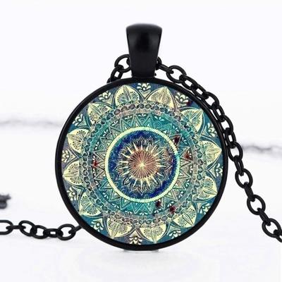 1pc Mandala Yoga Time Gemstone Necklace, Fashionable Glass Pendant Neck Chain Jewelry