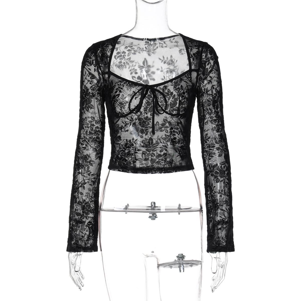 

European & American Women s 2025 Summer See-Through Mesh Slim Long-Sleeve T-Shirt S