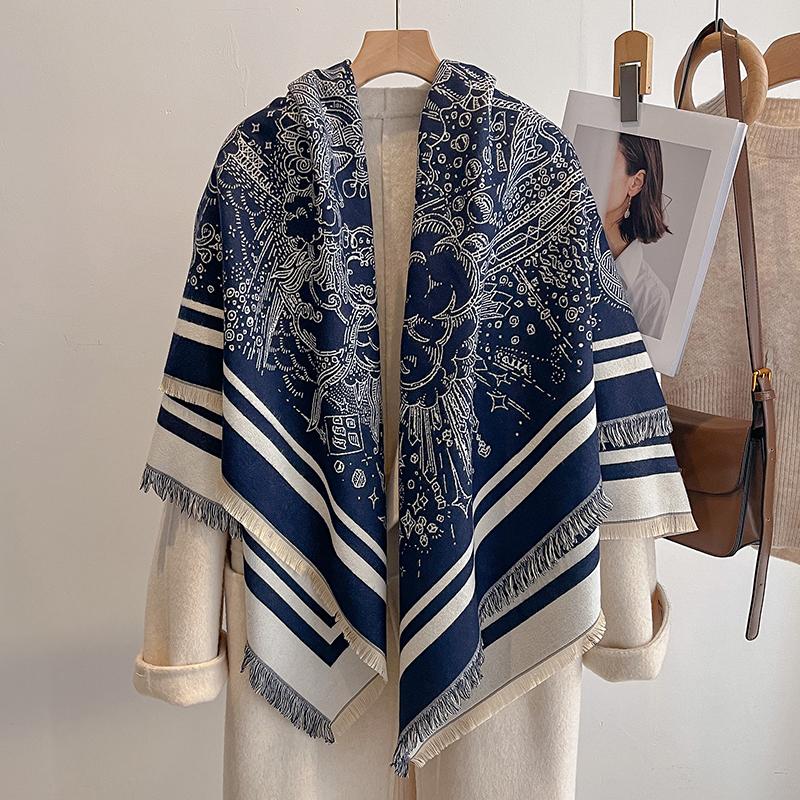 Women'S Luxury  Cashmere Winter Scarf - Vintage Printed Shawl With Tassels, Pashmina Wrap & Bandana Poncho