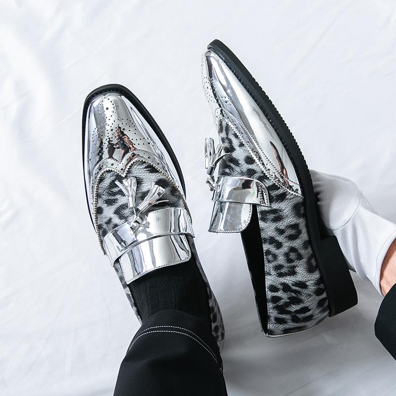Fashion Golden Block Color Blocked Leopard Print Glossy Finish Leather Casual Slip on Non-slip Men Fashion Party Dance Stage Loafer Shoe