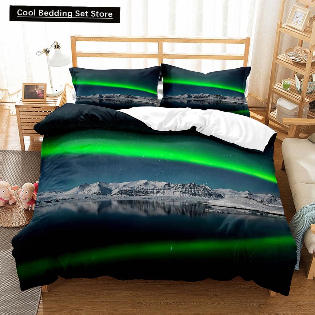 Nordlichter King Queen Bettbezug Naturlandschaft Bettwäscheset Bunter Himmelsausblick Steppdeckenbezug Polyester Bettdeckenbezug