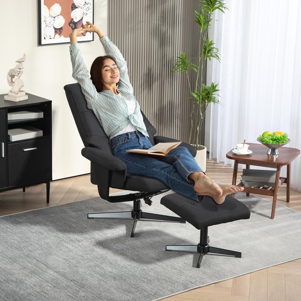 Reclining Chair with Footstool, Swivel, Rocking Function, Velvet Look, up to 150 kg, Black
