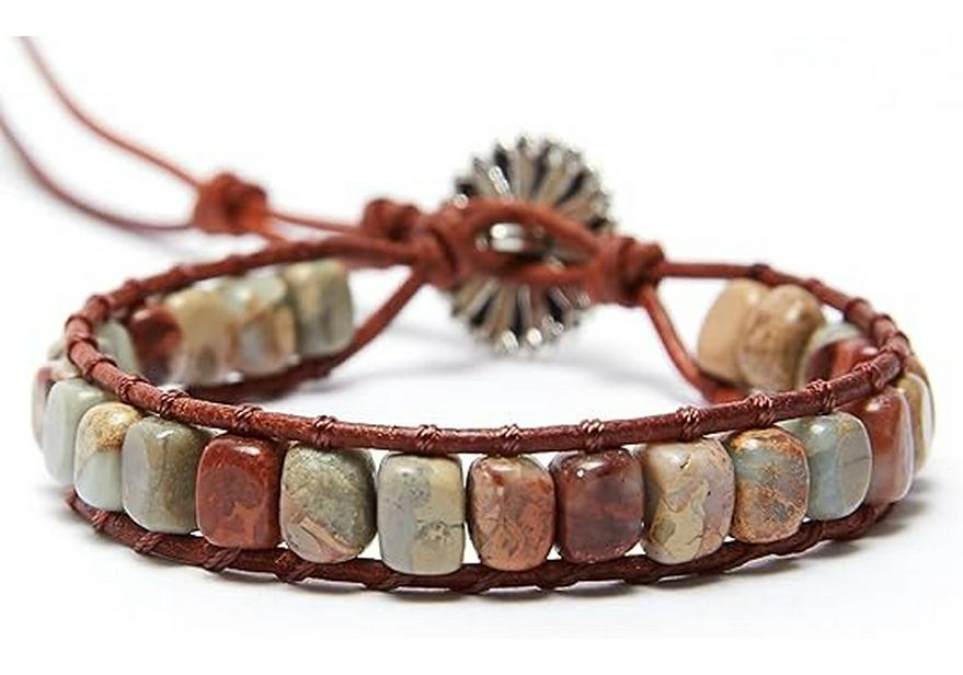 Bracciale Boemo Intrecciato in Pelle Imperatore di Pietra Shoushan di Forma Libera 5x7