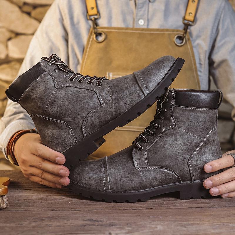 Men s High-Top Cross Strap Retro Leather Martin Boots - Autumn/Winter British Style 44 серый