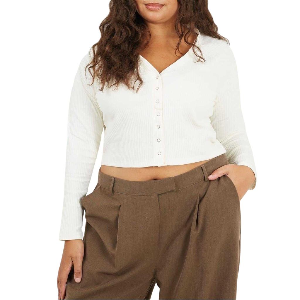 BRAVE SOUL Womens/Ladies Ribbed V Neck Plus Long-Sleeved Crop Top