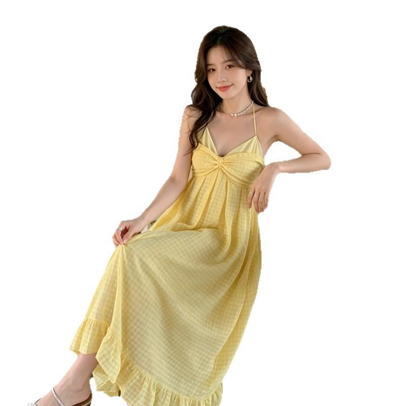 2026 new summer light yellow plaid holiday style backless dress, dopamine island beach neck dress
