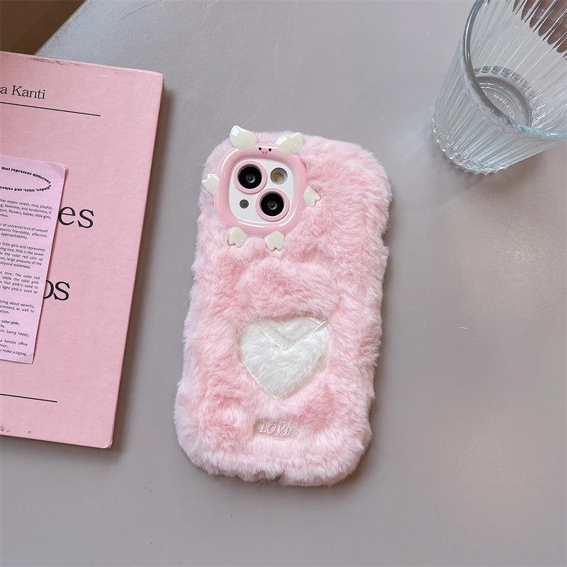 Herbst/Winter Cartoon Pig Linsenrahmen Plüsch-Handyhülle für iPhone 15 14 13 12 11 Pro Max All-Inclusive-Fallschutzhülle