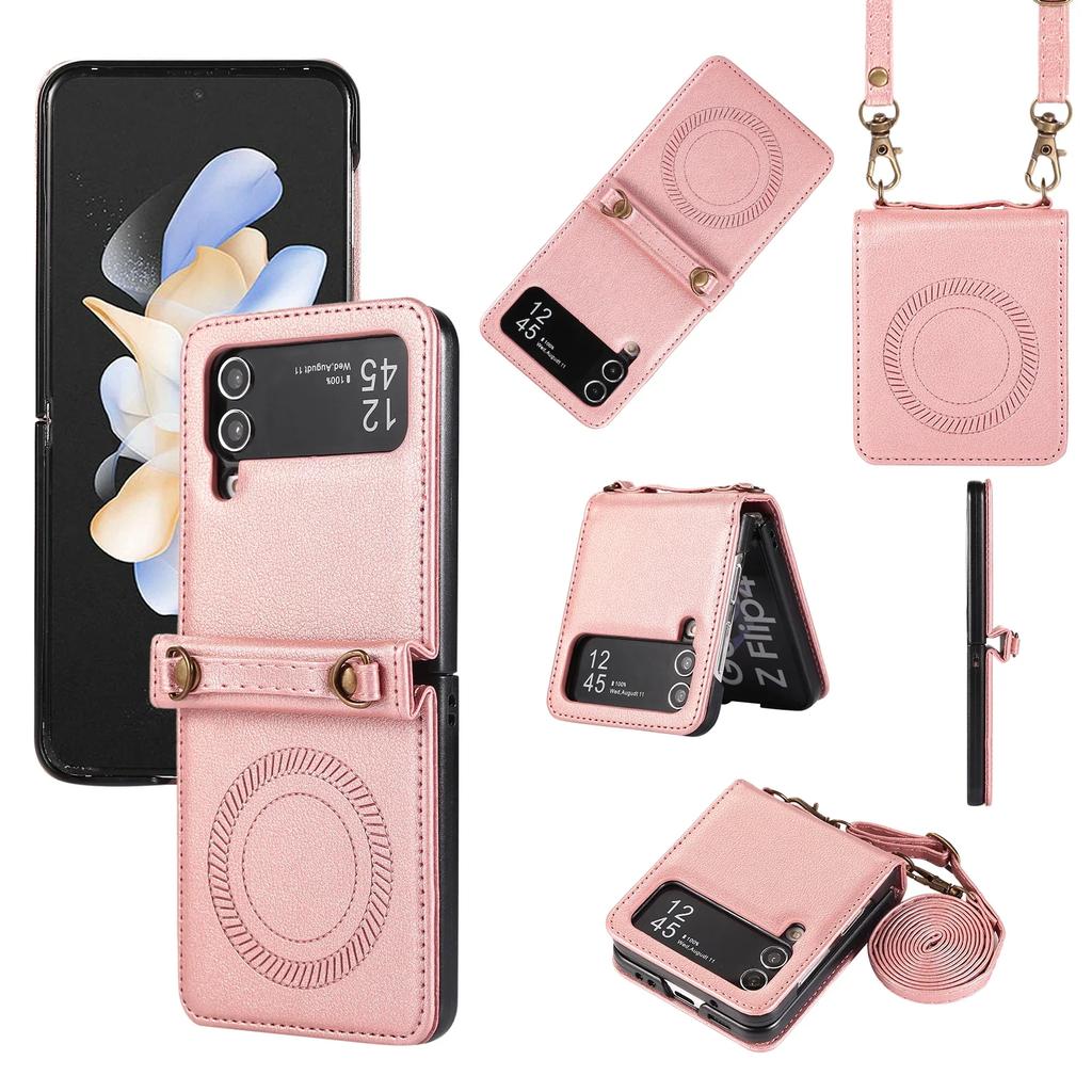 Crossbody Wireless Charge Magnetic Leather Case For Samsung Galaxy Z Flip 6 5 4 3 Flip5 Long Rope Lanyard For Magsafe Cover