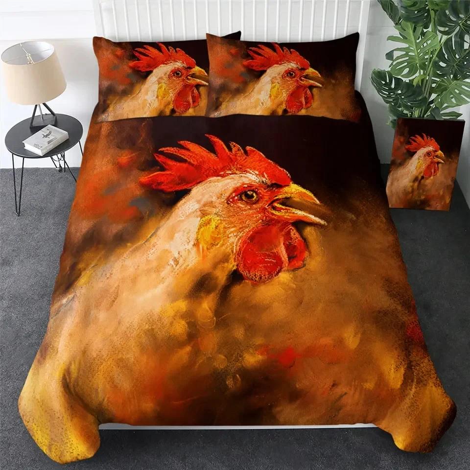 Chicken Duvet Cover King Queen Size Watercolor Rooster Bedding Set for Boys Teens Adults Farm Animal Polyester Comforter Cover