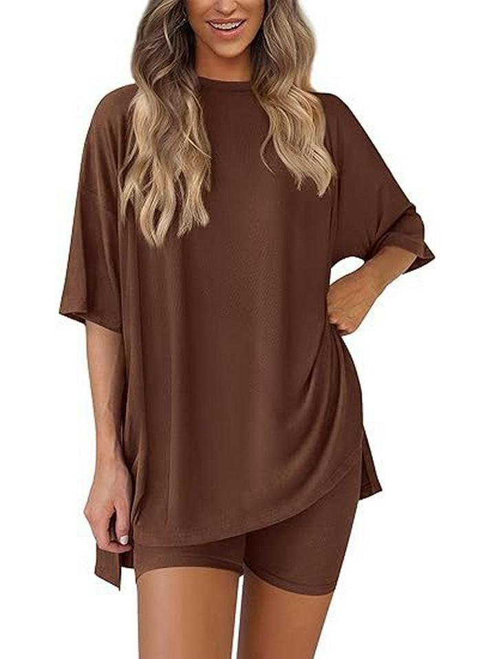 2026 Women's Casual Round Neck Slit Loose Short Sleeve Home Wear Set