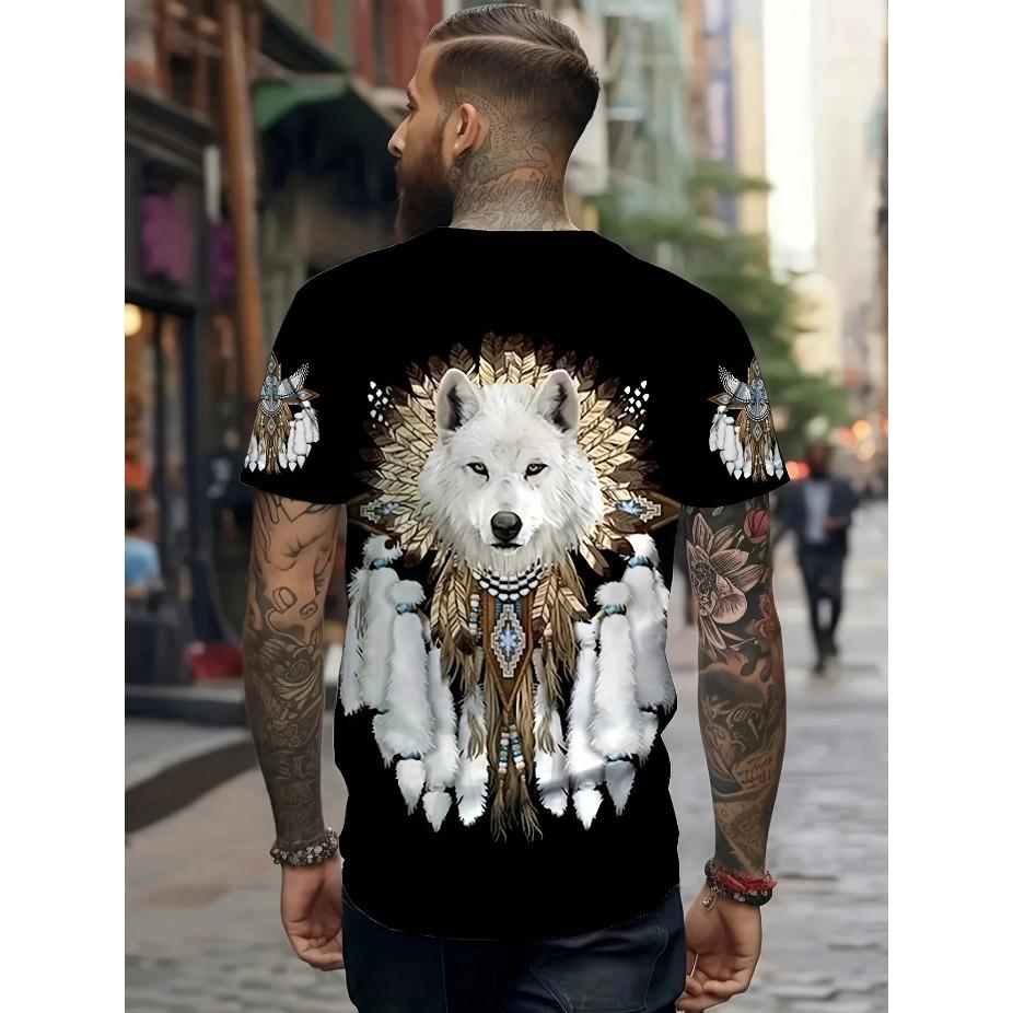 Pánské tričko s 3D potiskem vlčí smečky v horské noční scéně - Živá grafika vyjících vlků a úplňku, ležérní tričko s krátkým rukávem a kulatým výstřihem