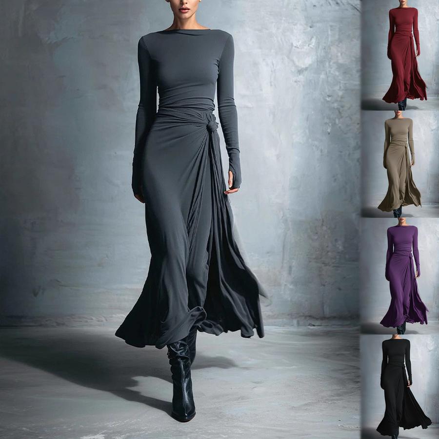 Fall New Women's Dresses Solid Color Elegant Wrap Long Dress with Accessories Long Sleeve