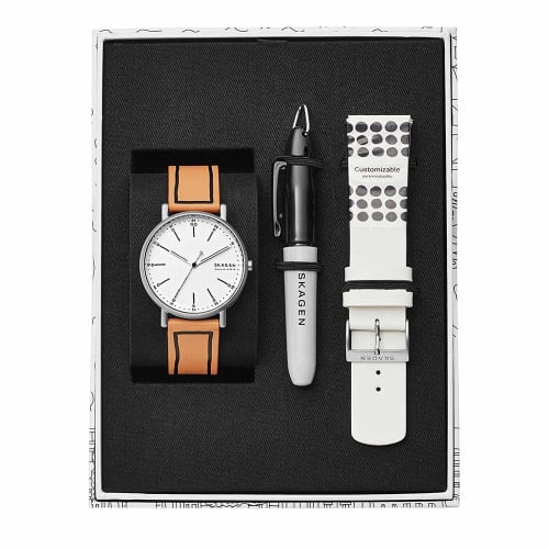 Skagen Men's Signatur Brown and White Leather Watch SKW1109 Gift Set with Replacement Strap and Pen