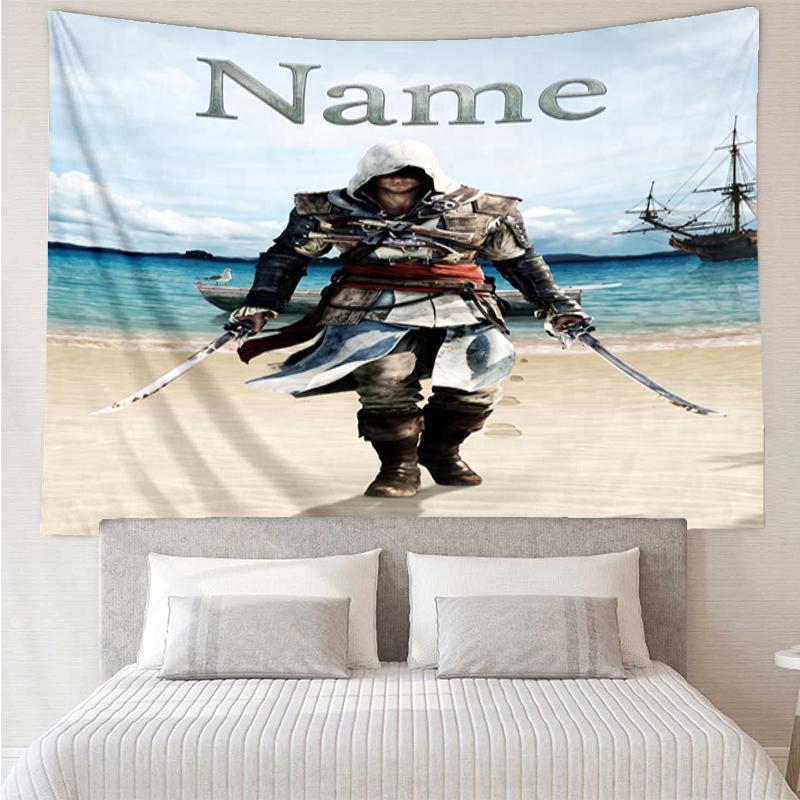 Custom Name Assassin's Creed Print Tapestry, Backdrop, Easy Setup, Ideal for Bedroom, Office & Living Room, with Aesthetic Wall Hanging Decor.