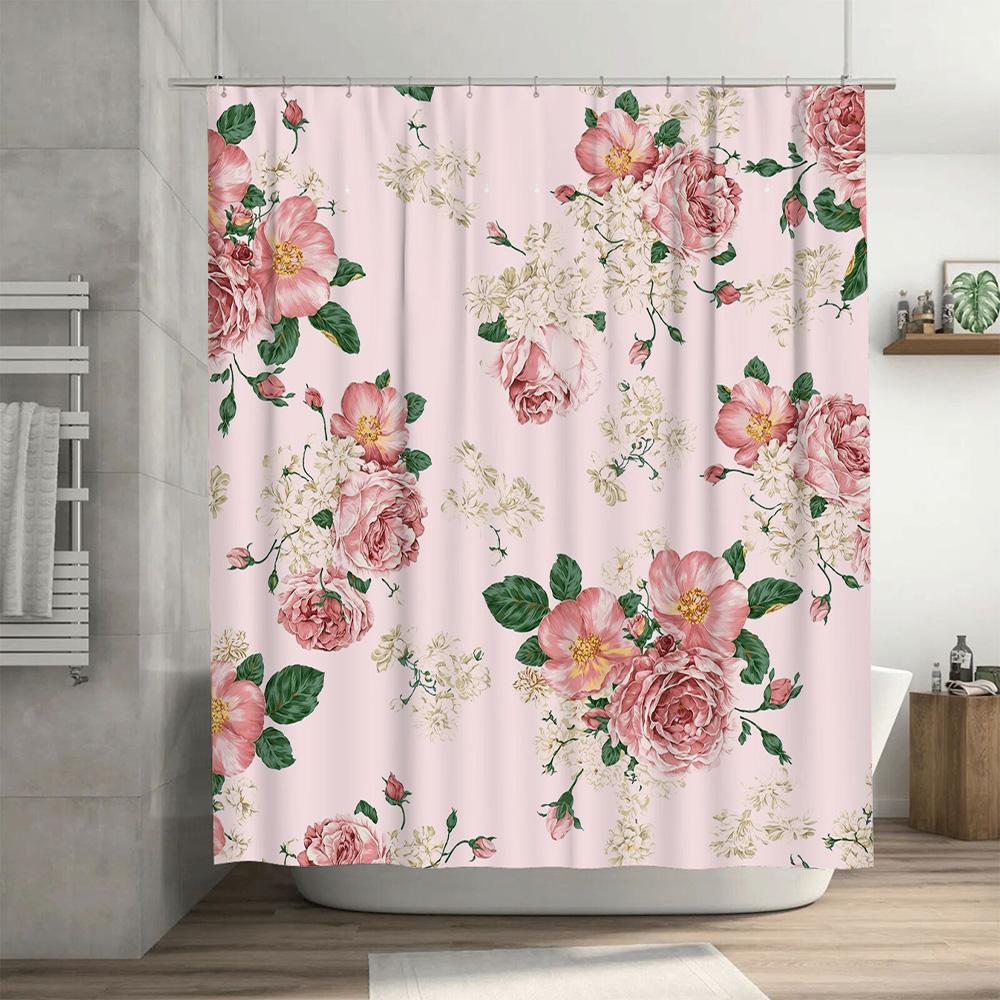 Vintage Pink Floral Shower Curtain with Green Leaves Decorative Bathroom Waterproof Fabric European Style Modern Home Decoration