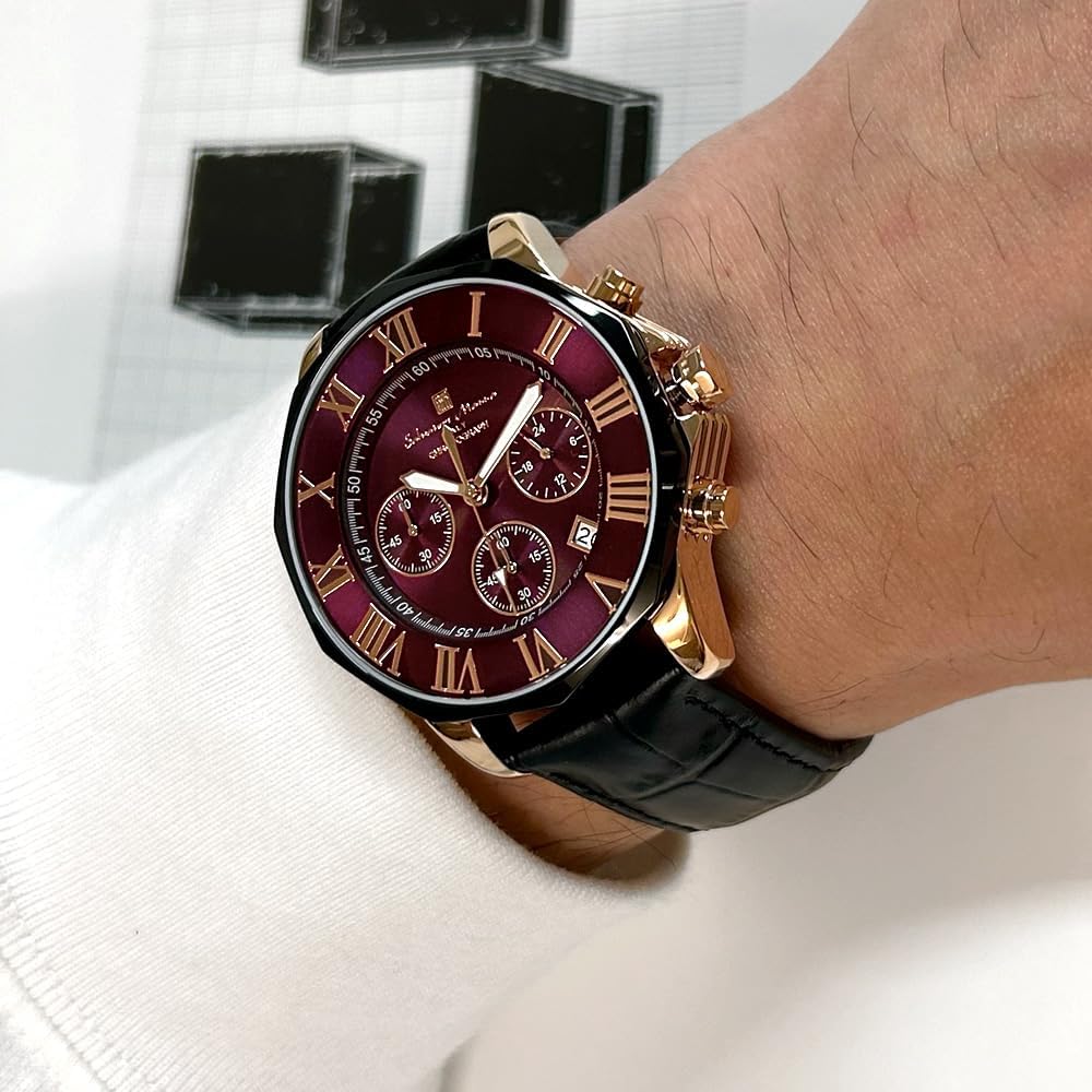 Salvatore Marra Men's Chronograph Watch Red 10 ATM Water Resistant Leather Strap Black SM15104-PGPLLE