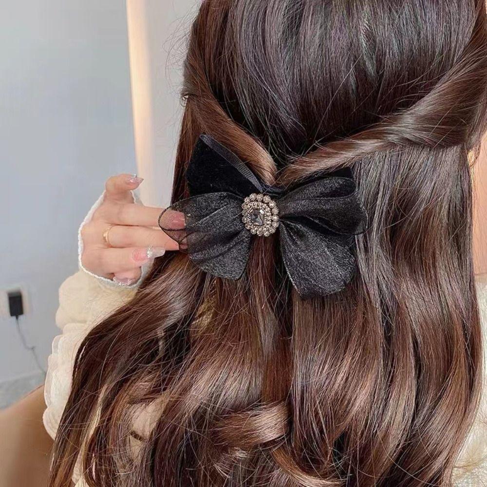 

Korean Style Mesh Bowknot Hairpin Large Rhinestone Spring Clip Ladies