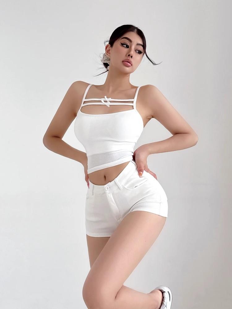 Bílé léto korejská móda sexy horké kalhoty pikantní dívčí šortky Dámské oblečení Jednobarevné Nízký pas Zavinovačky Boky Úzké těsné šortky
