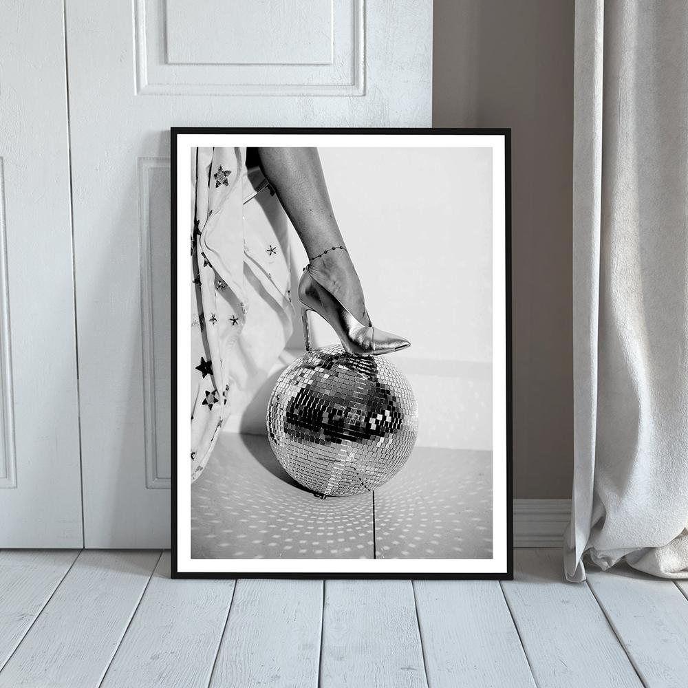 High Heels Disco Ball Print Black and White Fashion Poster Trendy Wall Art Pictures Party Girly Dorm Room Decor Canvas Painting