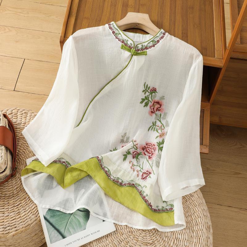 Chinese-style Slanted Collar Cheongsam Shirt Top with Ummer Cotton Linen Retro Style Embroidered with Touch of Literary Flair