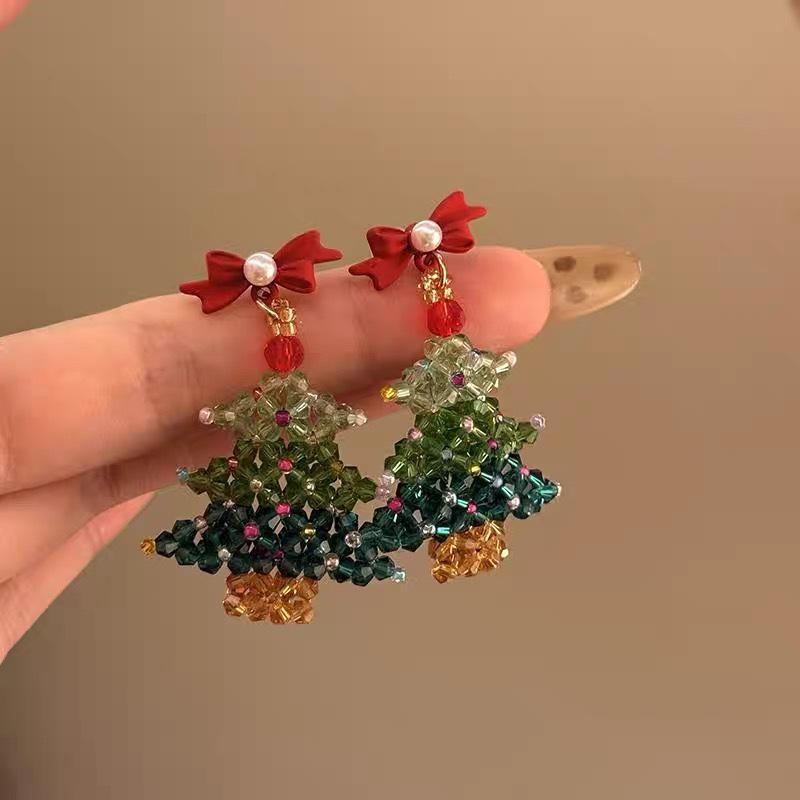 Festive Red Bow & Silver Needle Christmas Heart Hoop Earrings for Women