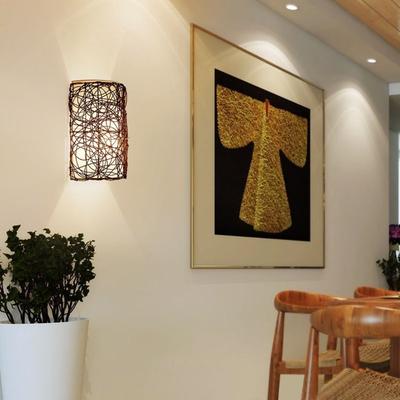 Vintage Rustic Iron Rattan Woven Wall Lamps E27 Rattan Woven Sconce Lights with Dimmable Control for Bedside Corridor Balcony