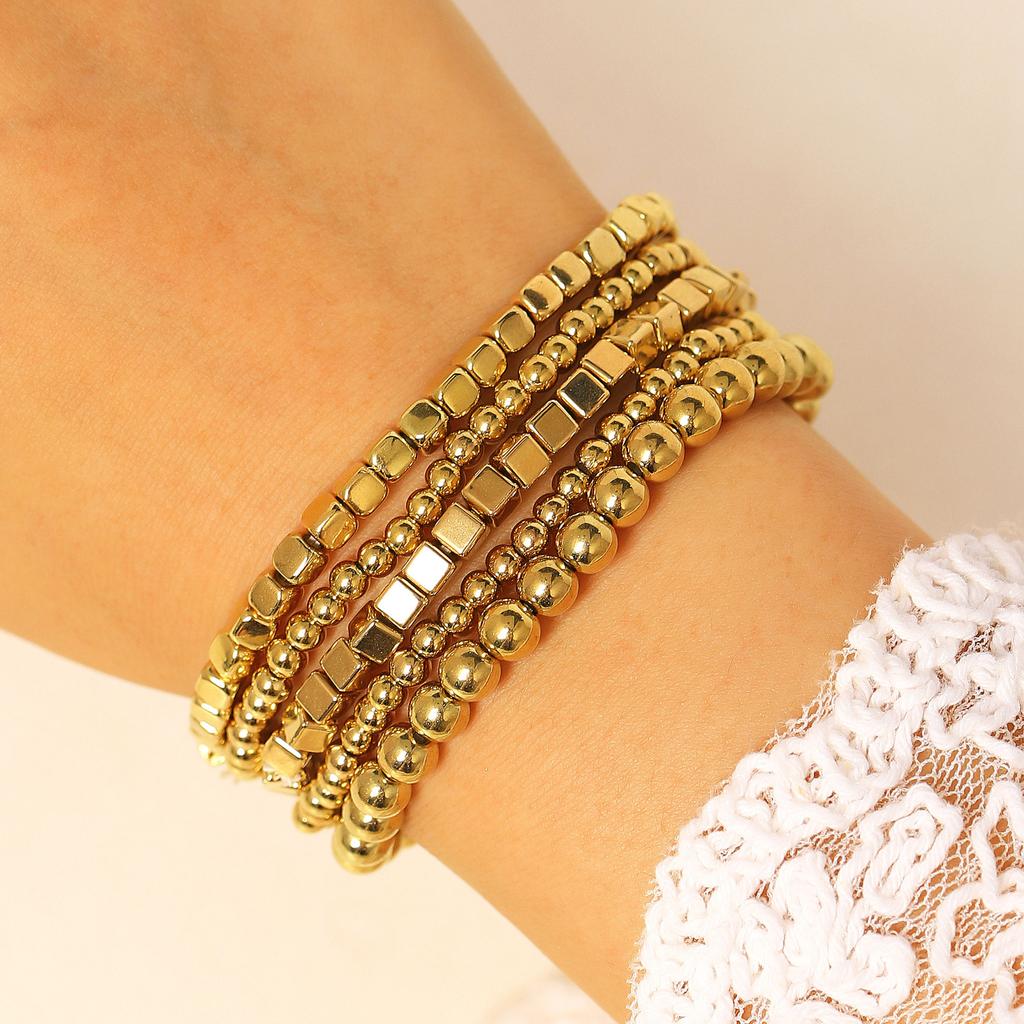 Minimalist Multi-Strand Metal Ball Square Bead Elastic Bracelets for Women Gold Silver Tone Stackable Statement Wrist Jewelry