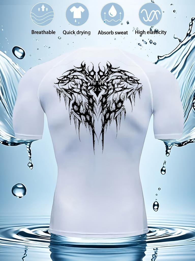 Men's Compression Shirt Quick Dry Gray Gym T-Shirt Black Tribal Wolf Back Print Workout Sportswear