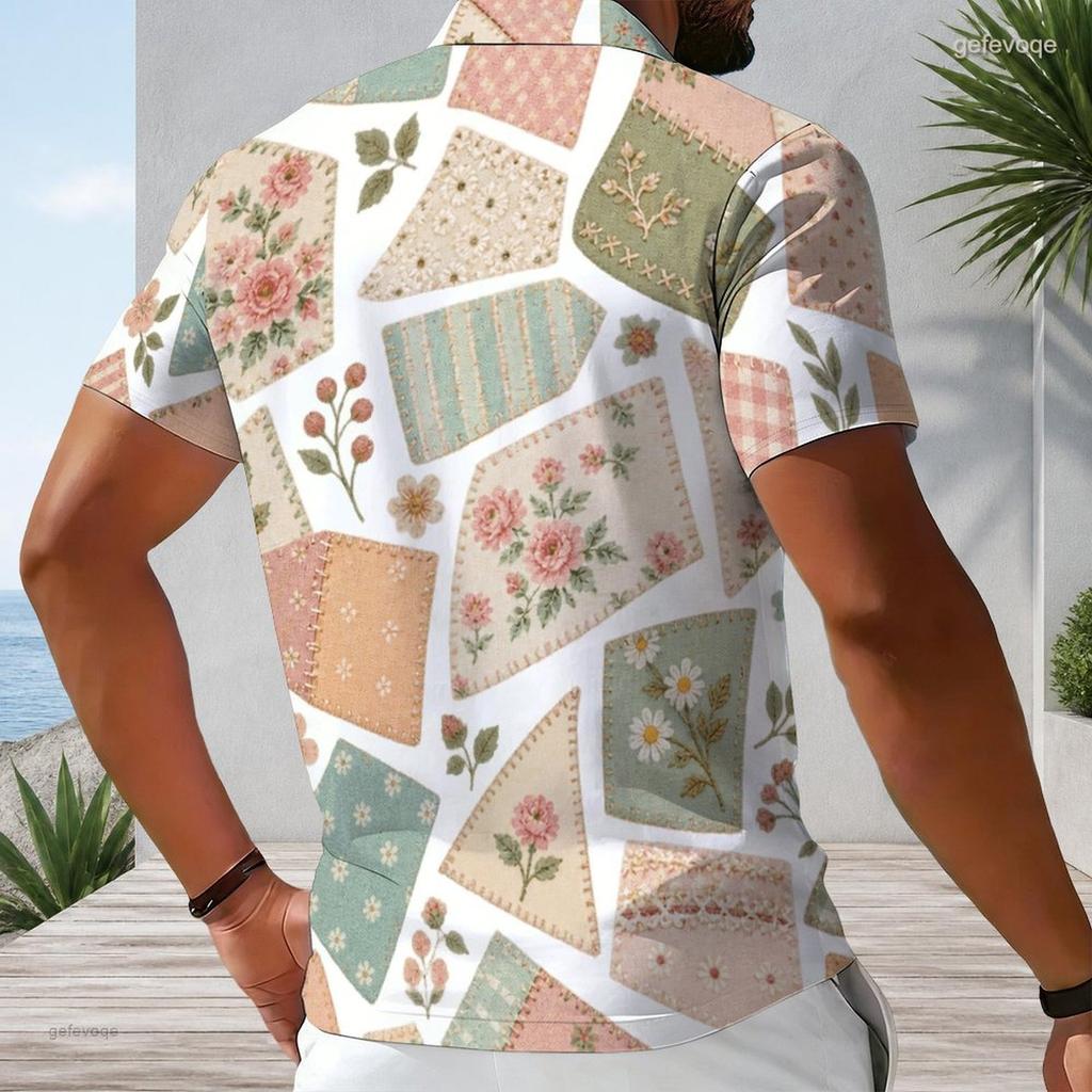 Men Plus Size Short Sleeve Quarter Zip Collared Polo Shirt Geometric Printed White Black Orange